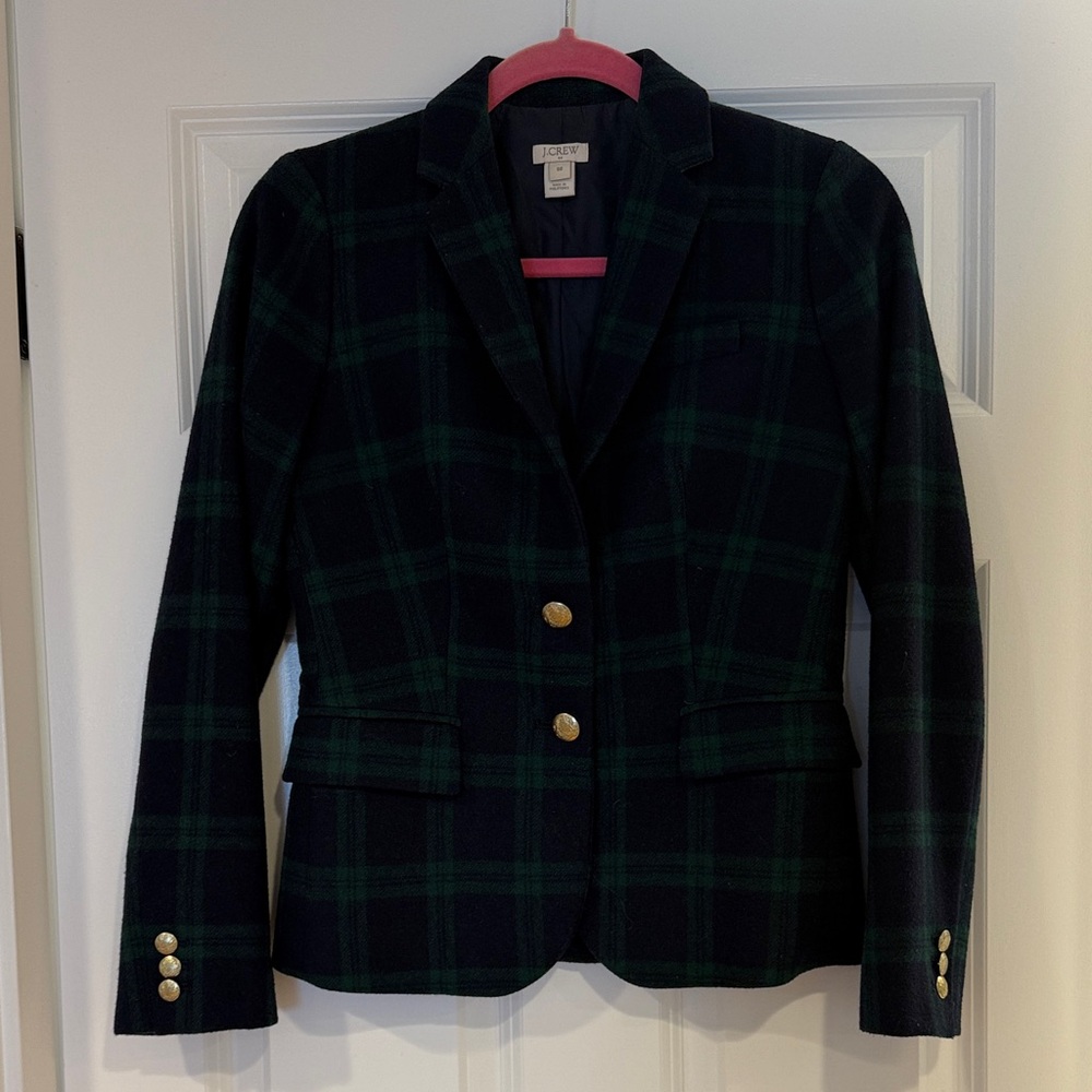J. Crew Women's Blackwatch Plaid Blazer in Dark Green and Black 00